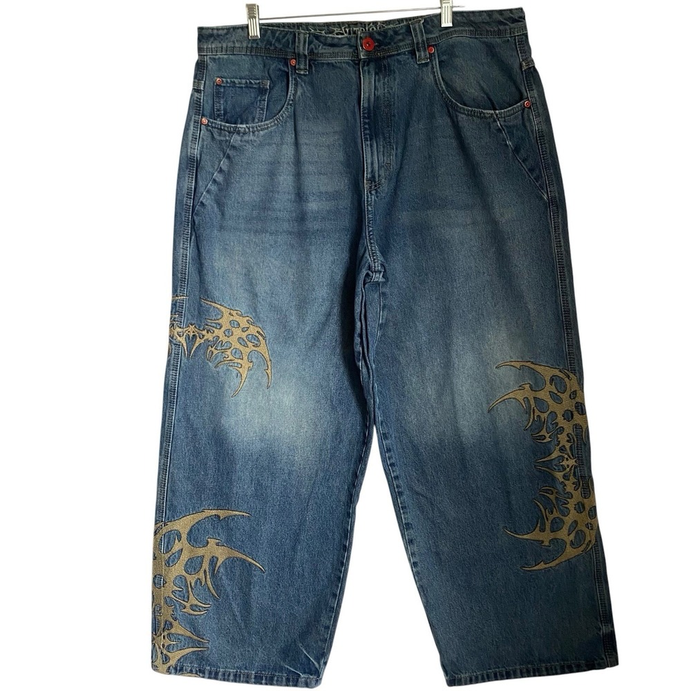 Y2K Vitriol Baggy  Jeans Men 36 Blue Embroidered Ultra-Wide Hip Hop Distressed